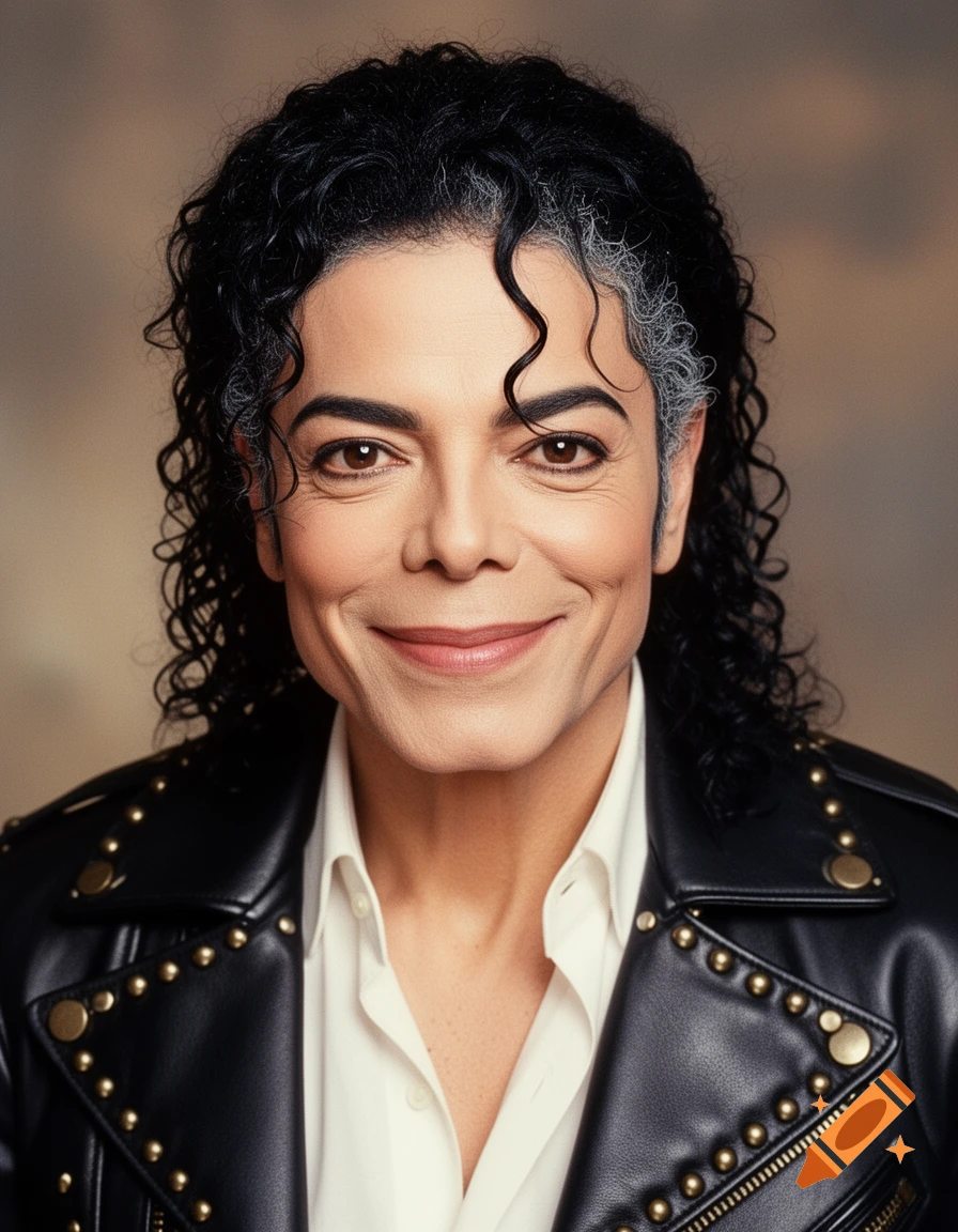 Close-up portrait of an older Michael Jackson with natural graying hair and wrinkles, wearing a black leather jacket and white shirt, smiling slightly.