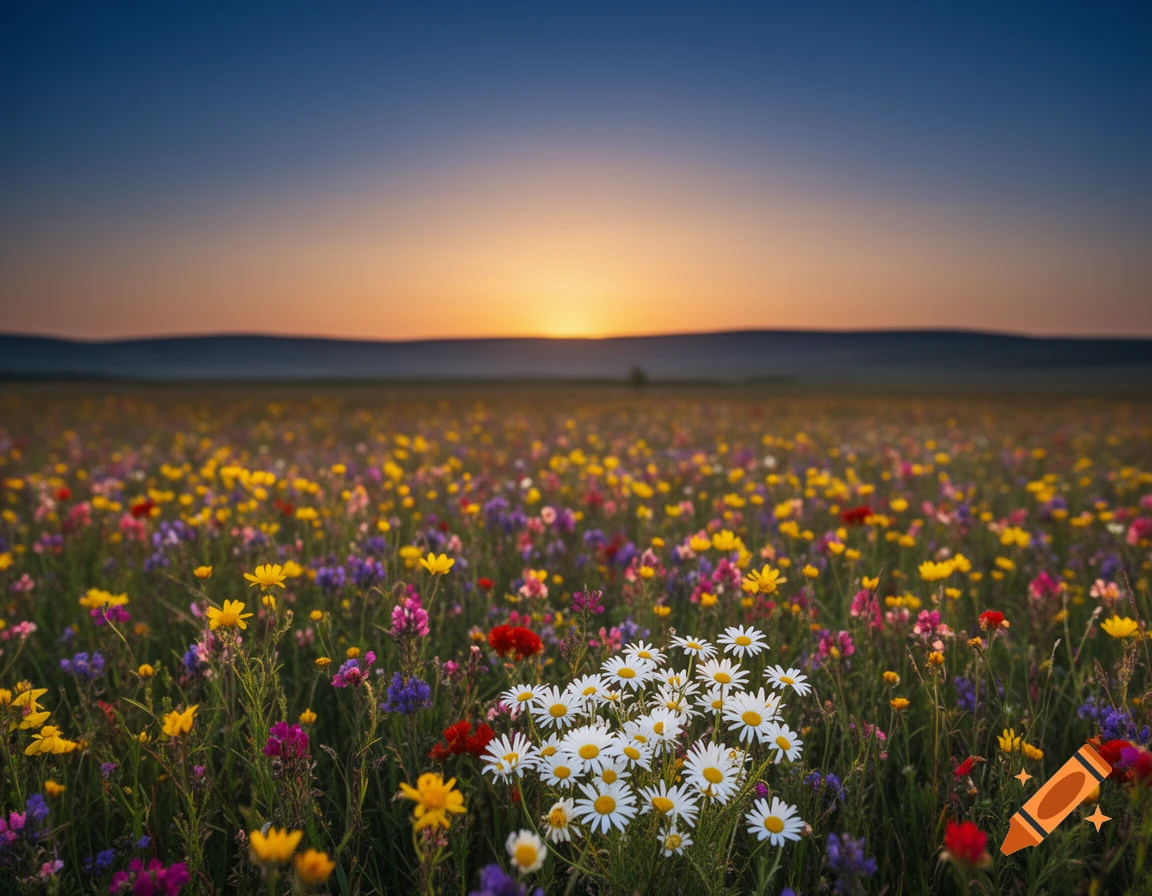 A vibrant field of colorful wildflowers in full bloom under a beautiful sunset sky, with a deep blue horizon.