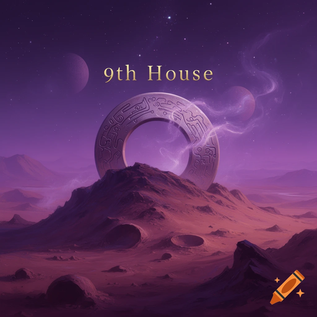A purple alien landscape with a large, ancient-looking ring structure on a hill under a starry sky with planets, and the text '9th House'.