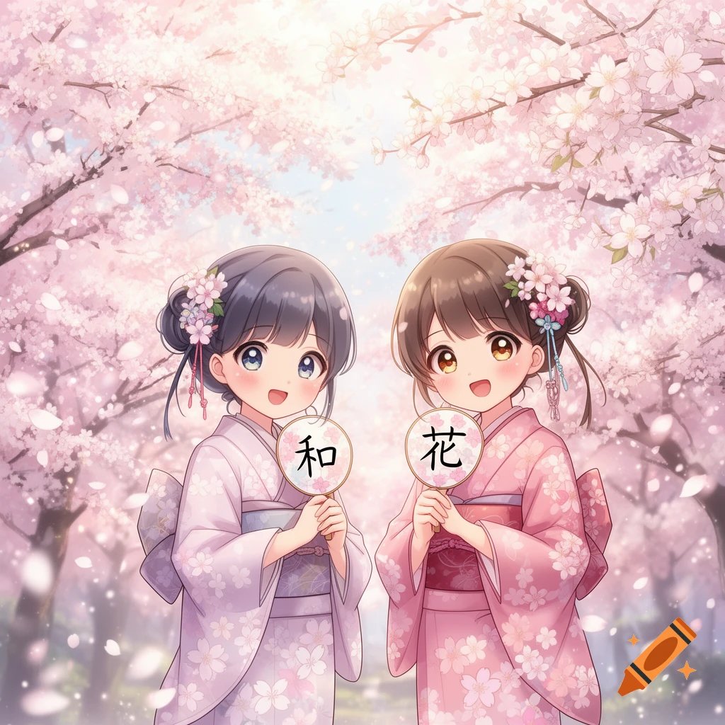 Two anime girls in kimonos holding circular signs with Japanese characters under blooming pink cherry blossom trees.