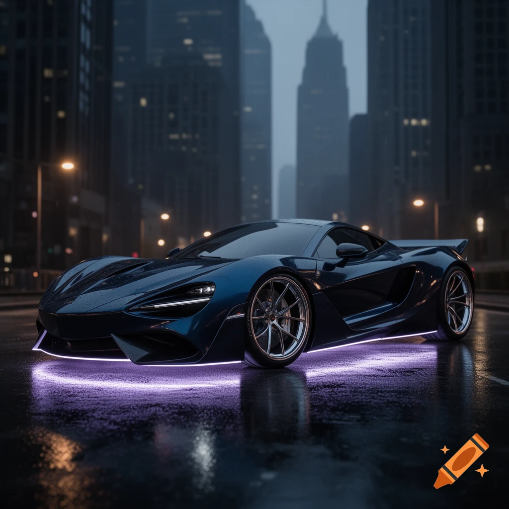 A sleek blue sports car with glowing purple underlights sits on a wet city street at night, with blurred skyscrapers in the background.