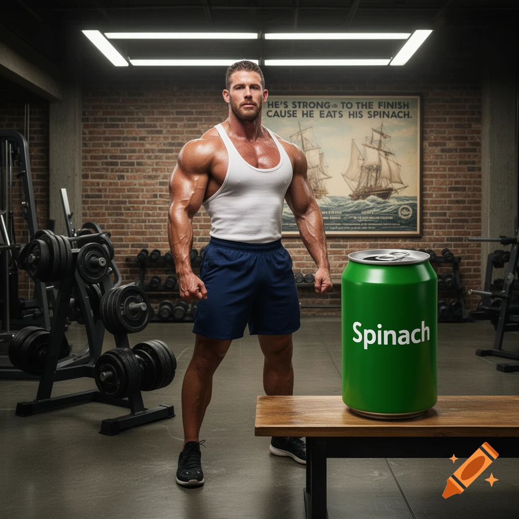 Muscular man in a white tank top and blue shorts in a gym, standing next to a giant green can labeled 'Spinach'.