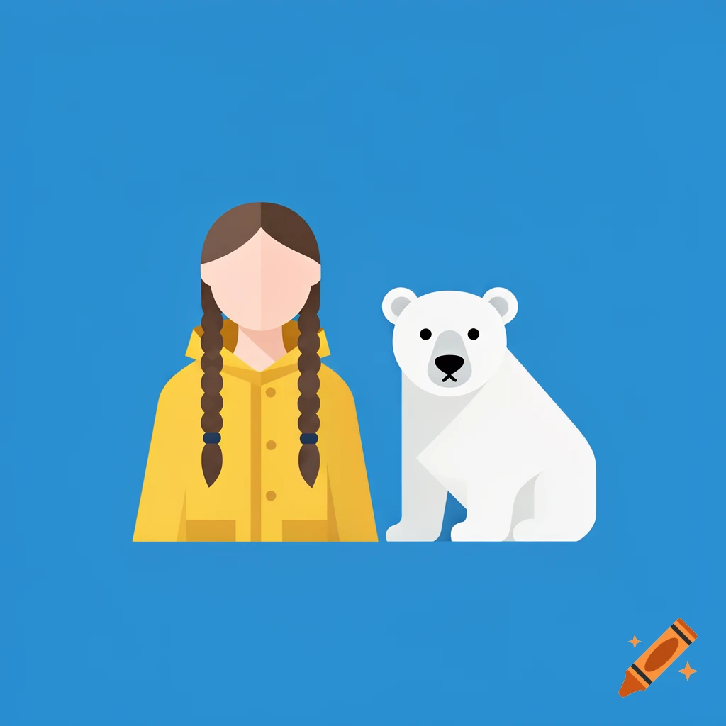A minimalist vector avatar icon of a girl with braids in a yellow raincoat, next to a cute cartoon polar bear, on a solid flat blue background.