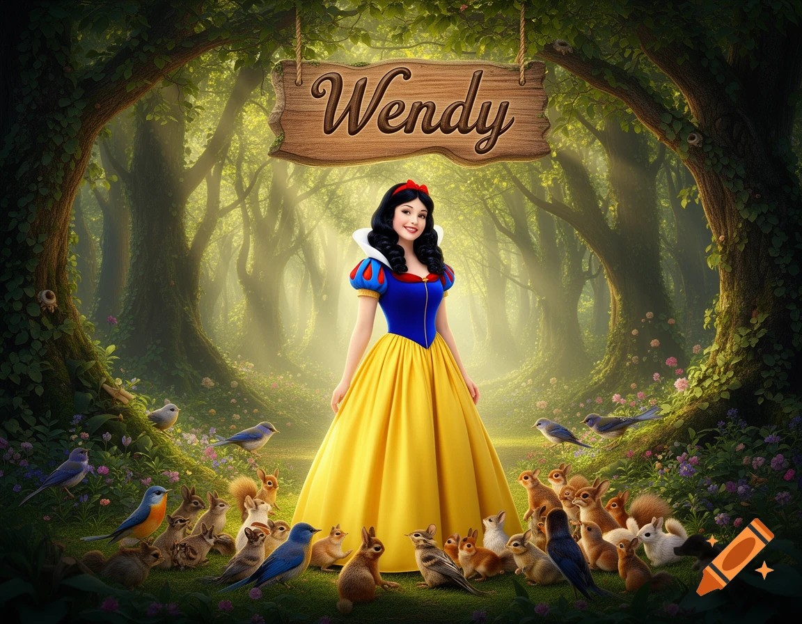 Snow White stands in an enchanted forest, surrounded by small animals, with a wooden sign reading 'Wendy' above her.