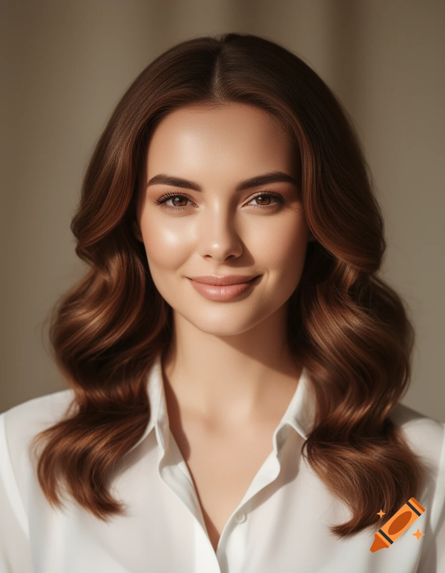 Photorealistic portrait of a smiling woman with long brown wavy hair, wearing a white collared shirt.
