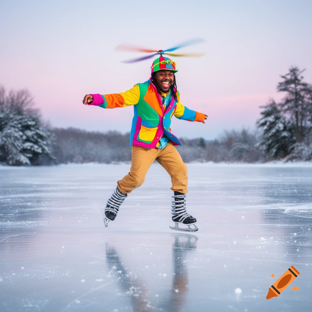 Smiling man in a vibrant, colorful jacket and propeller hat ice skating on a frozen lake with unique spring-like skates.