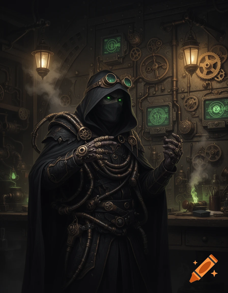 A cloaked steampunk wizard with glowing green eyes and goggles stands amidst gears, pipes, and illuminated screens in a dark laboratory.