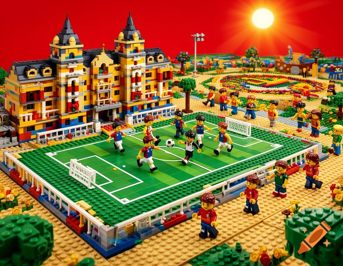 Lego football academy with a hotel and soccer pitch where minifigures play, others walk around a sprawling Lego landscape under a bright sun.