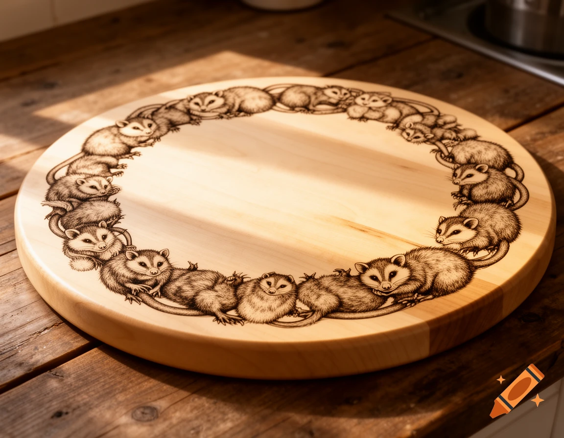 A round wooden cutting board features a laser-engraved border of multiple opossums curled in a circle.