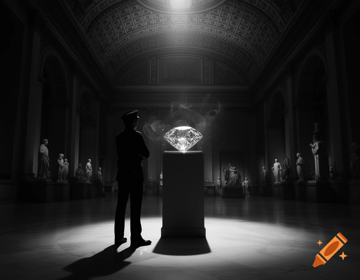 A black and white image of a guard standing in a grand museum, illuminated by a spotlight, protecting a glowing diamond on a pedestal.