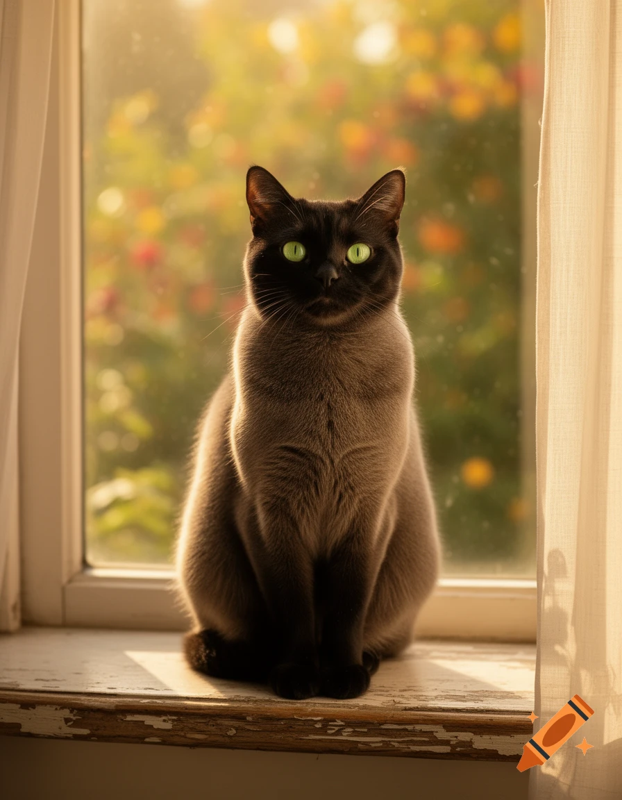 A dark-furred cat with bright green eyes sits on a sunlit window sill, with blurred autumn foliage visible outside.