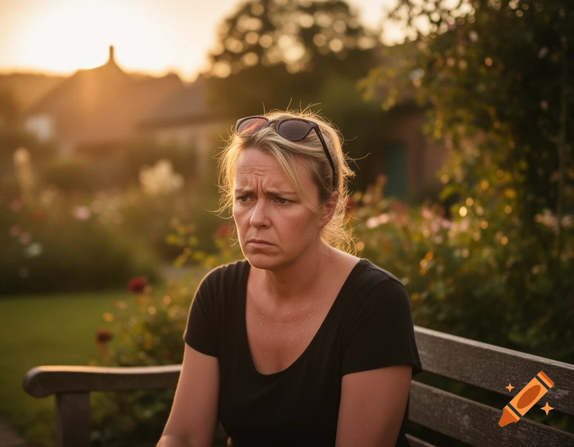 A blonde woman with a concerned expression, sunglasses on her head, sits on a bench in a garden at sunset.