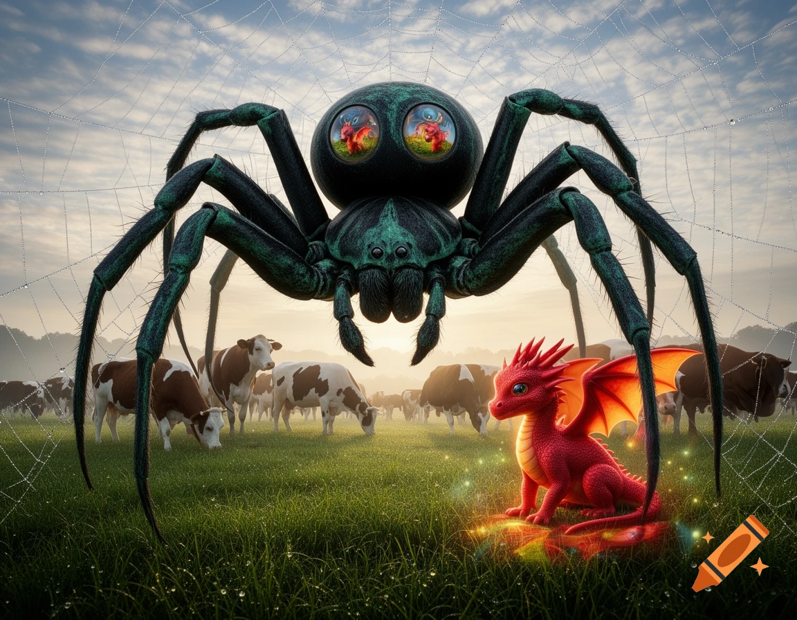 A giant, dark green spider with reflective eyes watches a small, red baby dragon in a grassy field with a herd of cows under a cloudy sky.