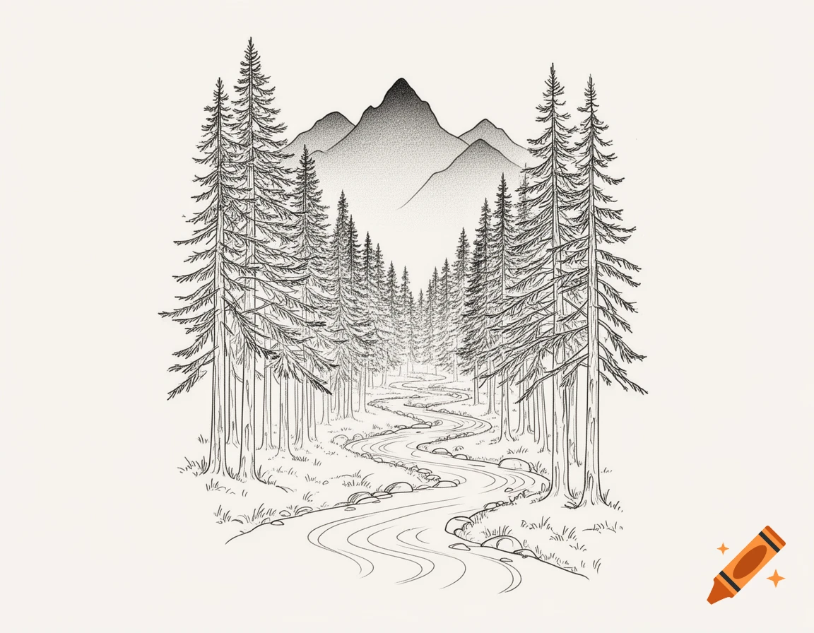 Black and white line drawing of a winding stream through a pine forest with stippled mountains in the background.