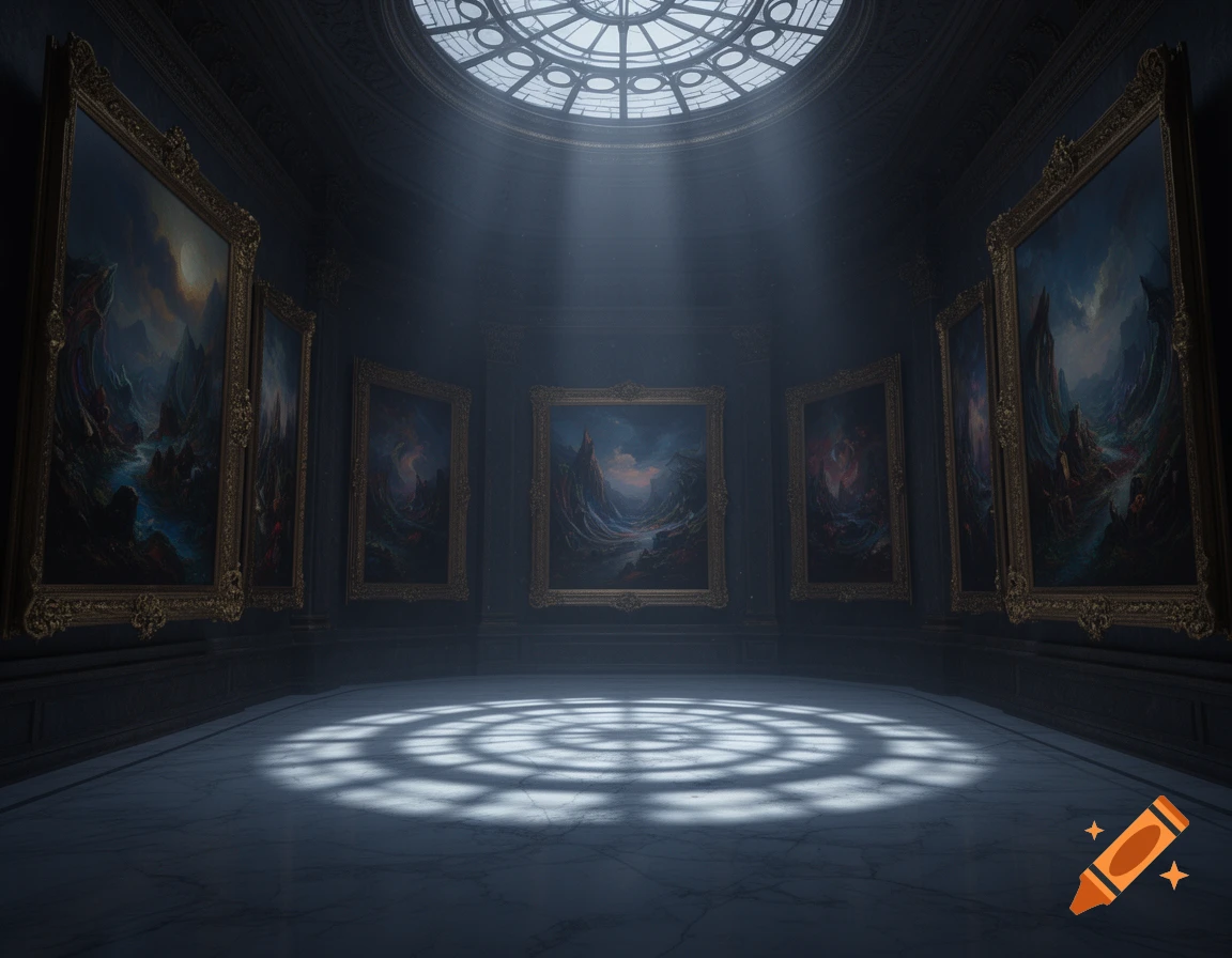 A dark, grand magical hall with several ornate framed paintings of distorted landscapes, illuminated by moonbeams from a large circular window overhead.