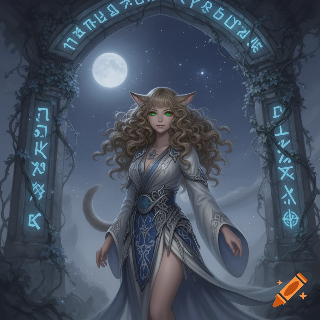 A cat-eared woman with long curly hair and green eyes, wearing a white and blue gown, stands under a stone arch with glowing runes, beneath a full moon and starry night sky.
