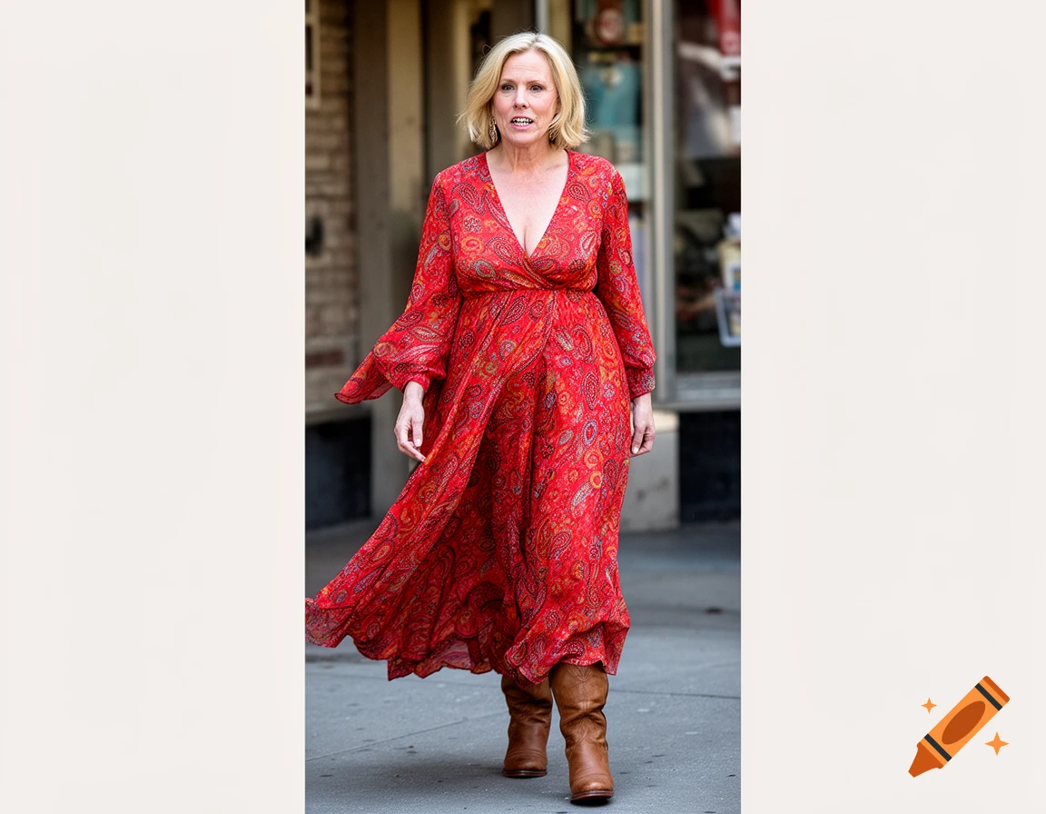 A woman in a flowing red paisley dress and brown cowboy boots walks on a city sidewalk.