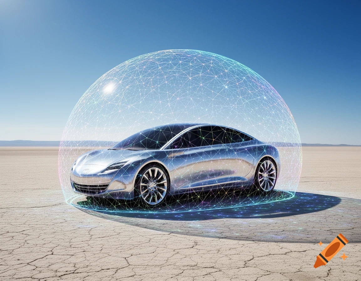 A sleek silver futuristic car sits on a cracked desert floor, enveloped by a glowing, intricate spherical energy shield under a clear blue sky.