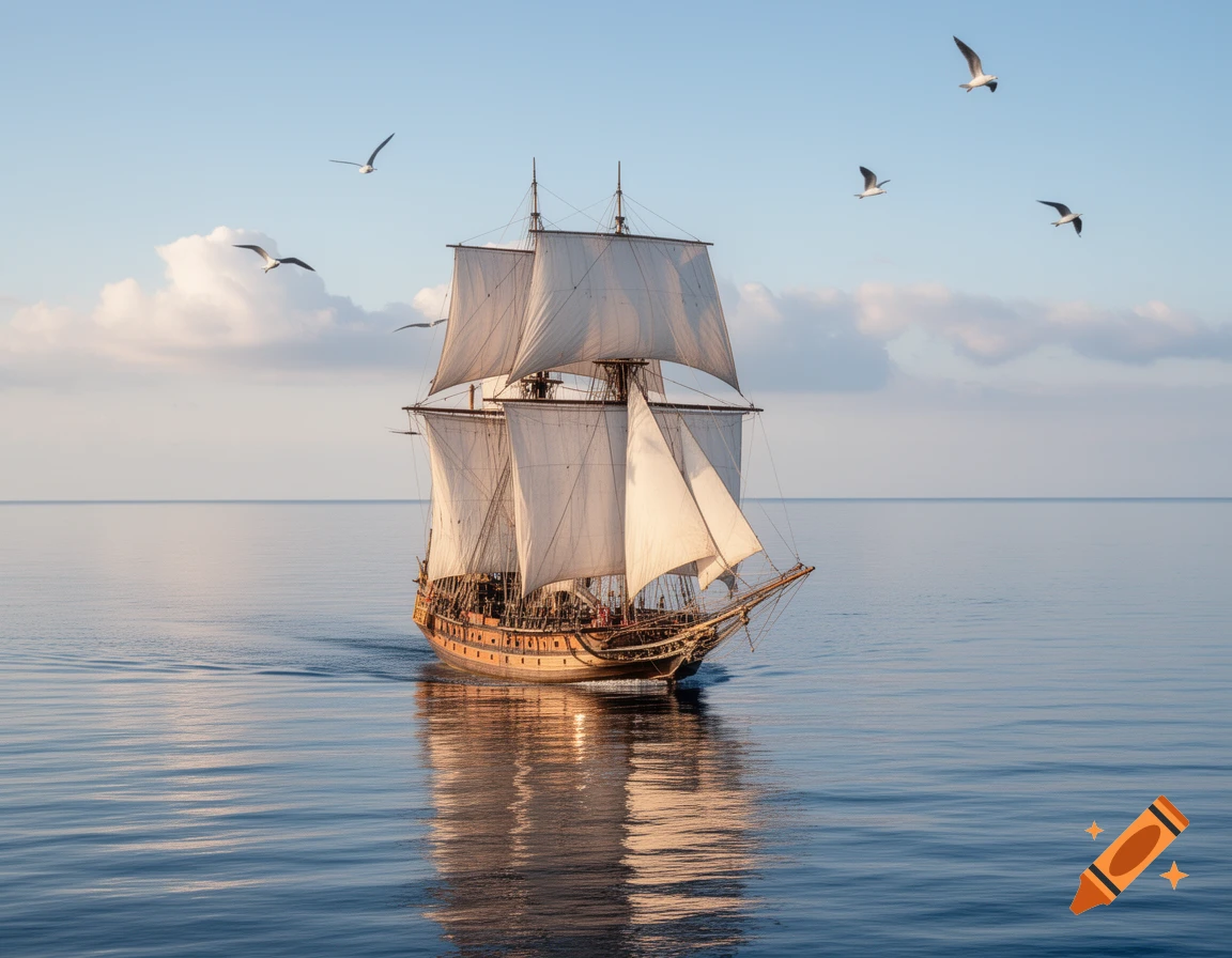Photorealistic sailing ship with white sails on a calm blue ocean under a clear sky with seagulls.