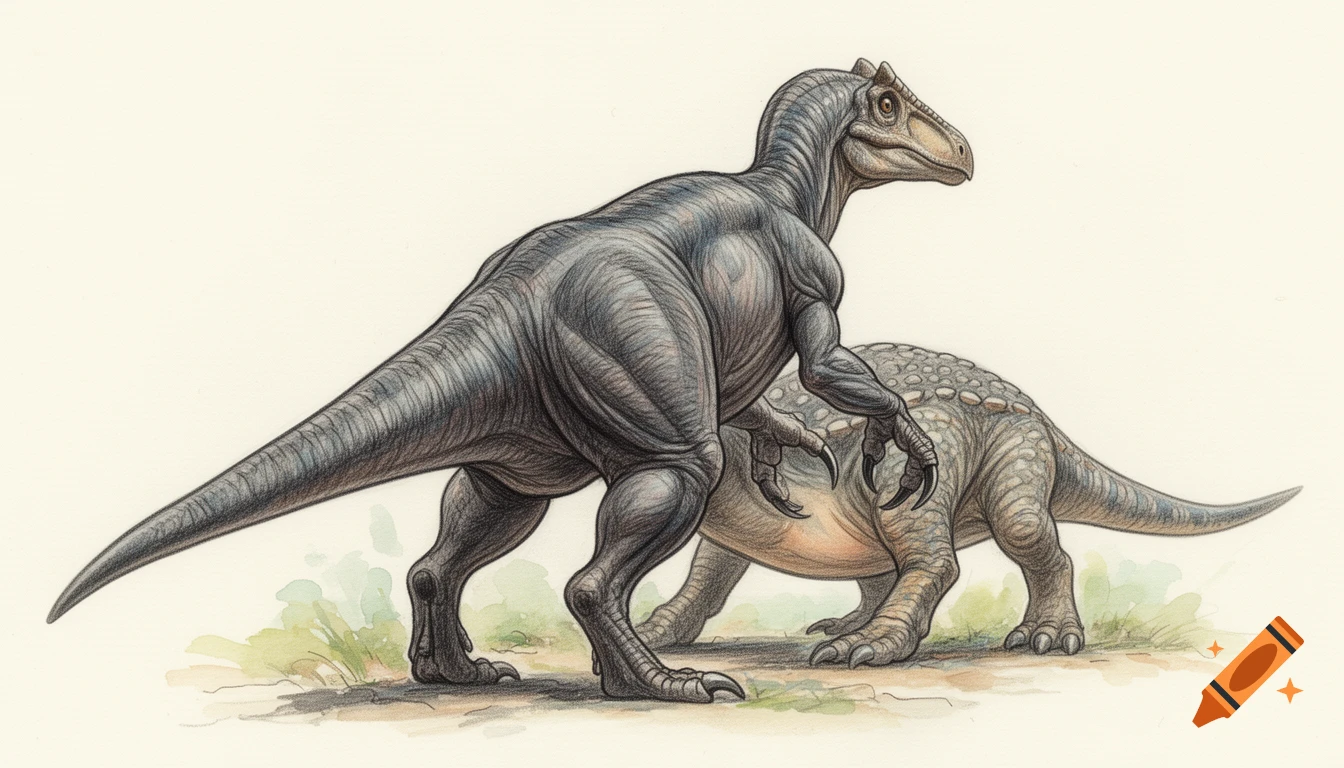 Colored pencil and watercolor illustration of a Bellilaniator theropod dinosaur reaching under a Struthiosaurus dinosaur.