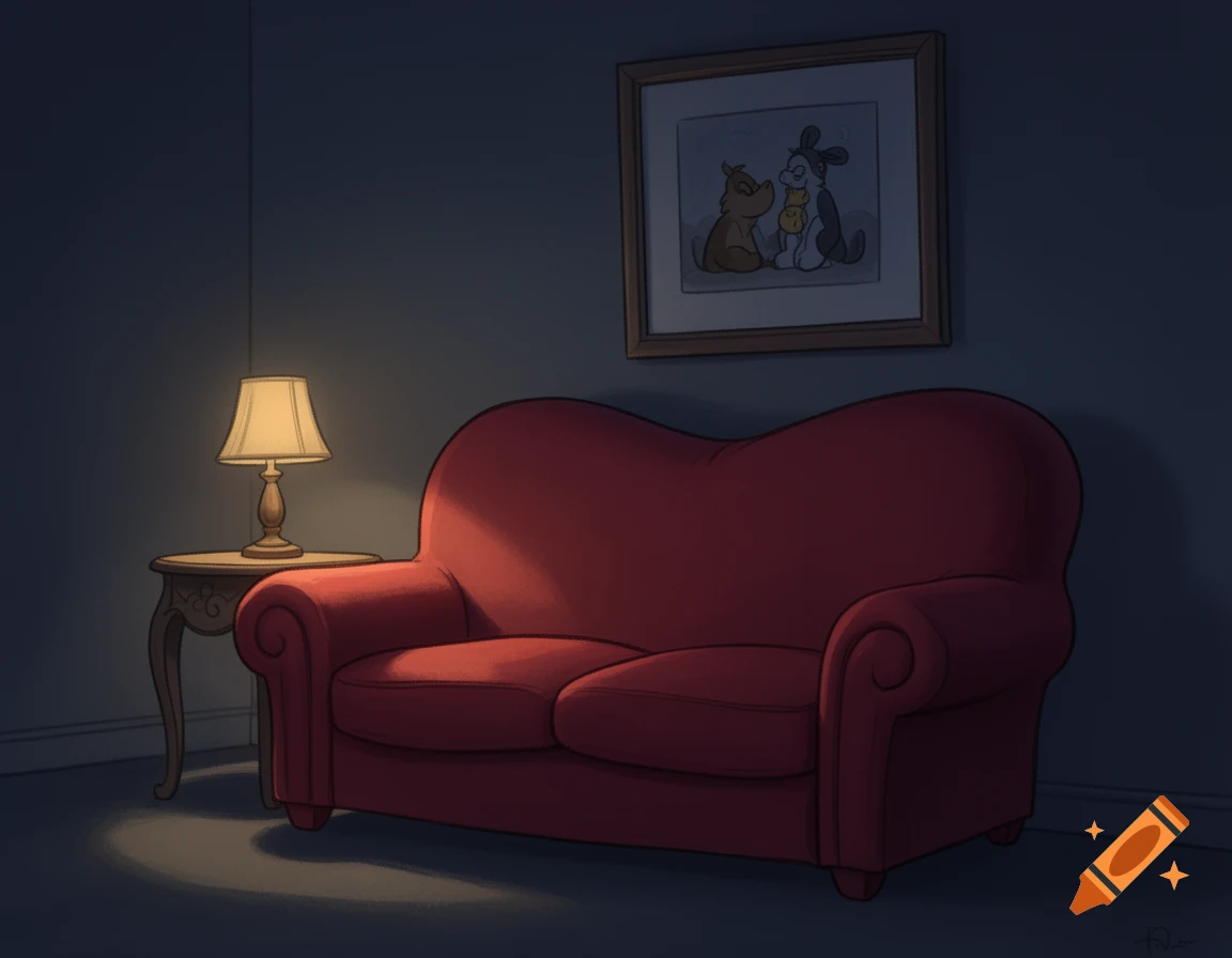 Cartoon illustration of a red sofa illuminated by a lamp on a side table in a dark room, with a picture of two dogs on the wall.