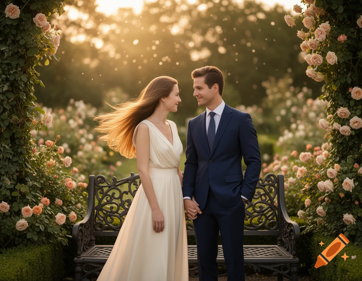 A couple in a formal dress and suit holds hands, looking at each other in a beautiful sunlit rose garden.