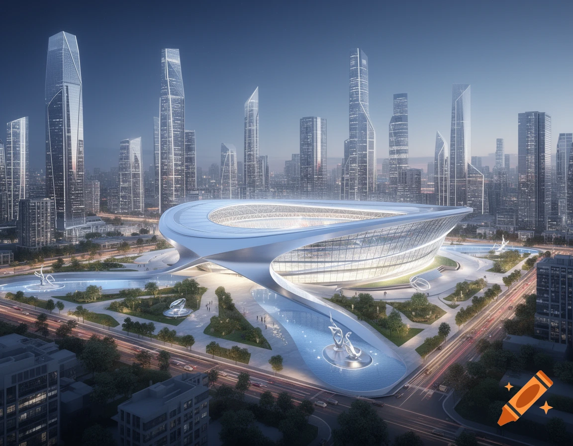 A neofuturistic, minimalist stadium with an oval roof, surrounded by modern skyscrapers and highways at dusk.