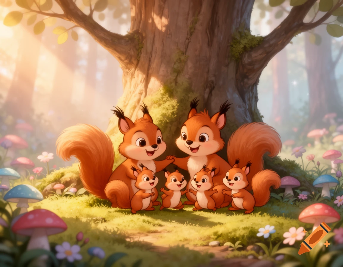 A cute cartoon squirrel family, including two adults and three babies, sits on mossy ground in a magical forest with colorful mushrooms and trees. The image is bathed in warm morning light.
