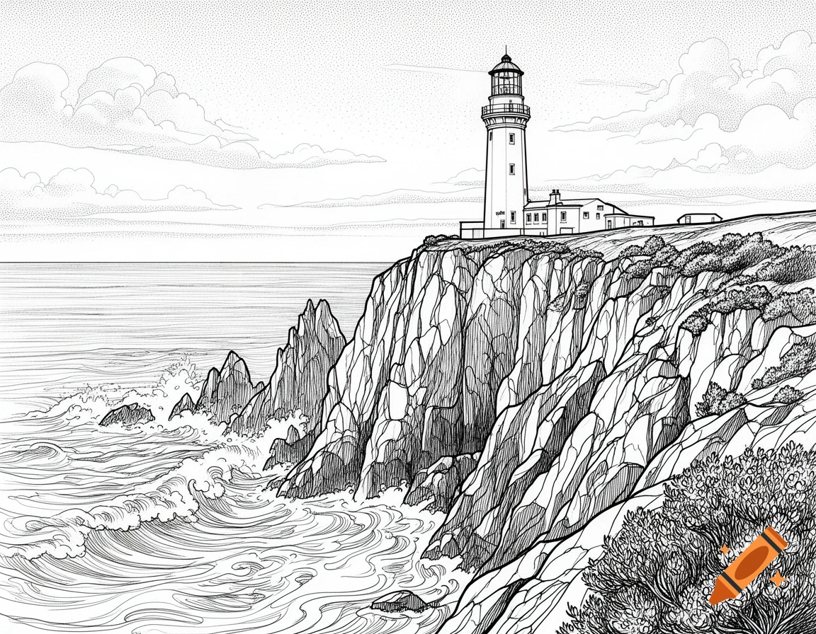 A detailed line drawing of a lighthouse and accompanying buildings perched atop steep, rocky cliffs overlooking a turbulent ocean with crashing waves.