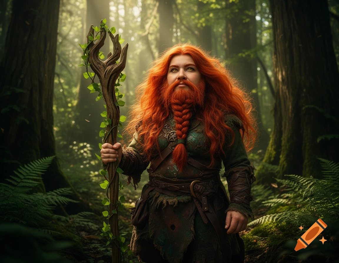 A red-haired female dwarf druid with a braided beard stands in a sunlit forest, holding a vine-wrapped staff.