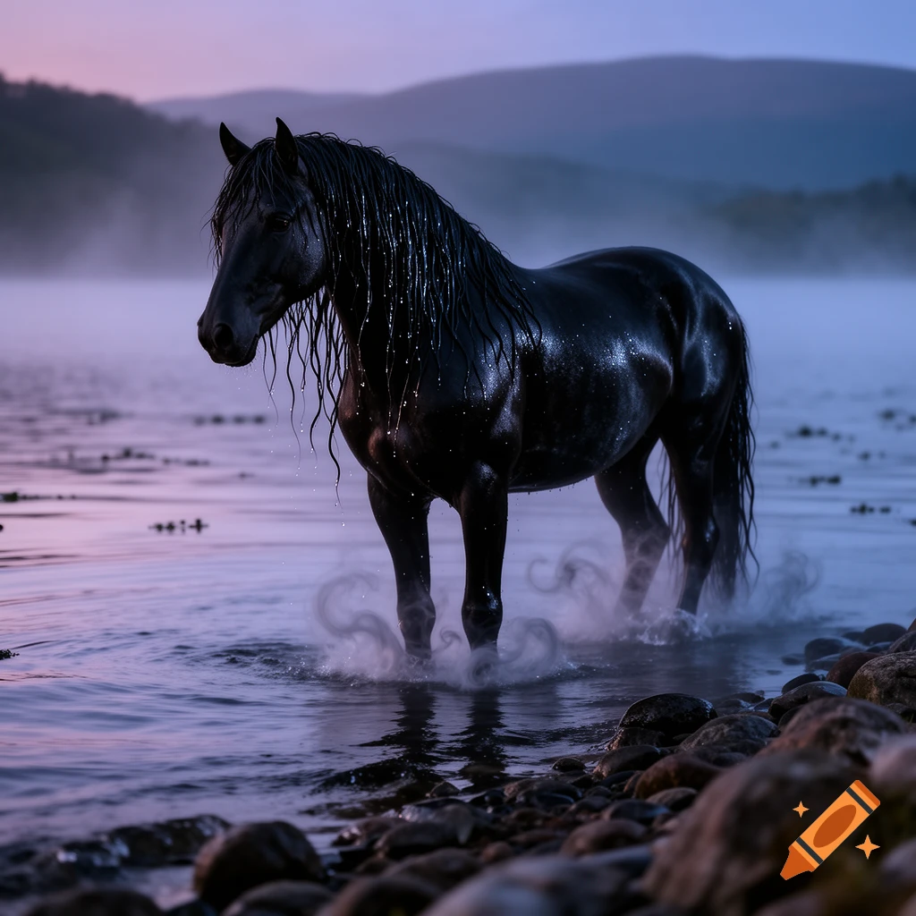 A majestic black horse with a wet mane stands in shallow, misty water at dusk, with mountains in the background.