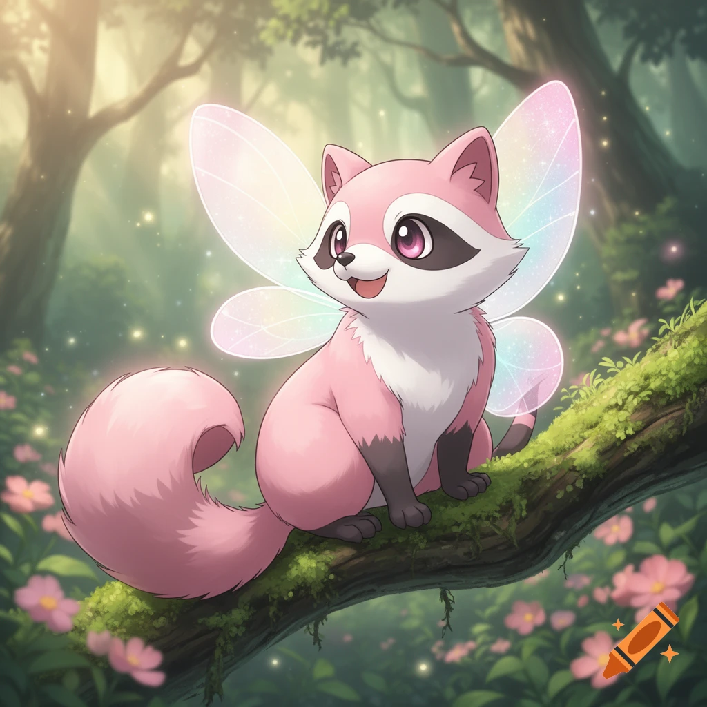 A cute pink fairy raccoon-like creature with a black mask sits on a mossy branch in a sparkling forest, cartoon style.