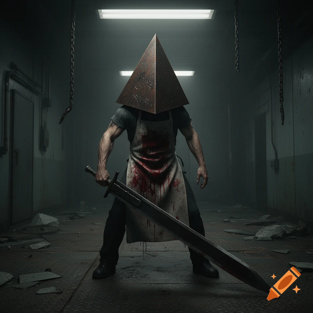 Pyramid Head in a blood-stained apron holds a huge sword in a dark, gritty corridor, photorealistic.