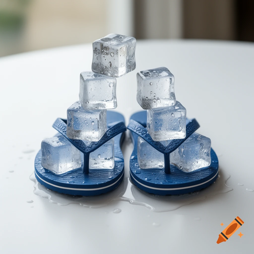 Photorealistic image of blue flip-flops with melting ice cubes stacked on a white surface.