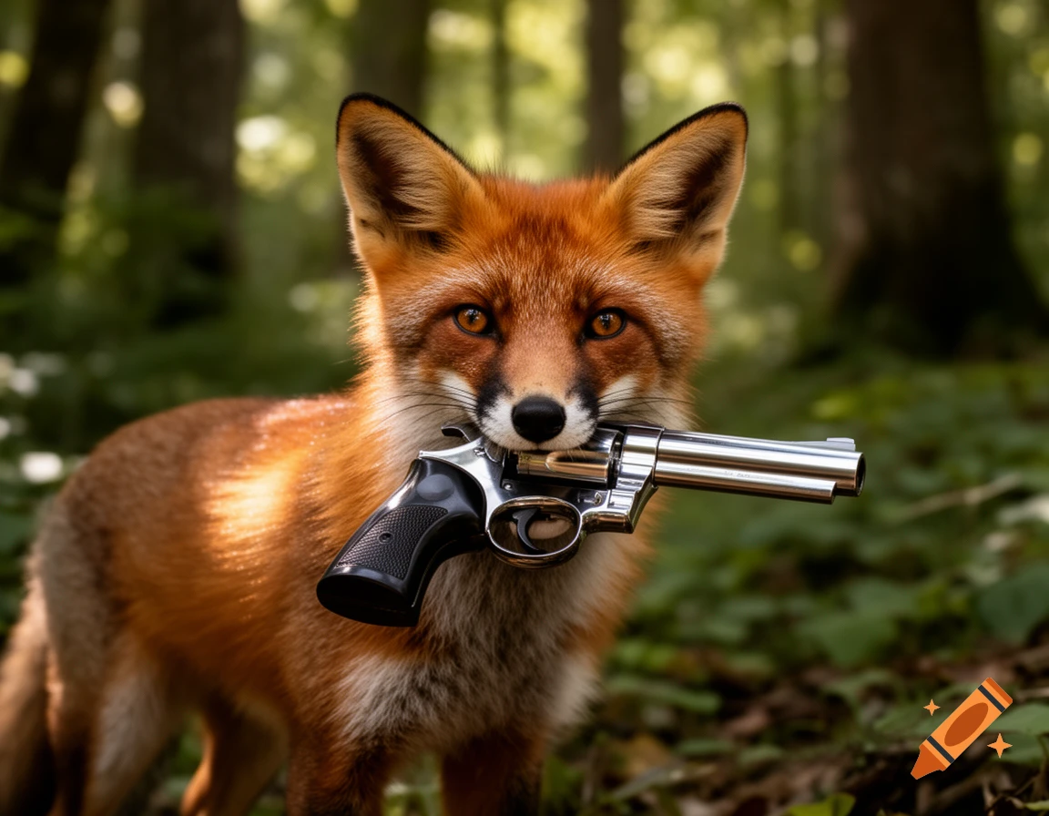 A photorealistic fox stands in a forest, holding a silver revolver in its mouth.