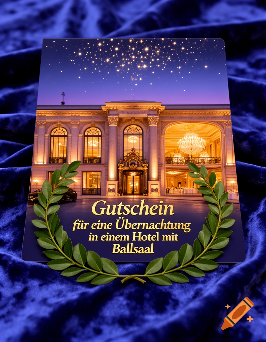 A hotel voucher featuring a grand, illuminated building with a ballroom under a starry night sky, framed by a laurel wreath, resting on blue velvet.