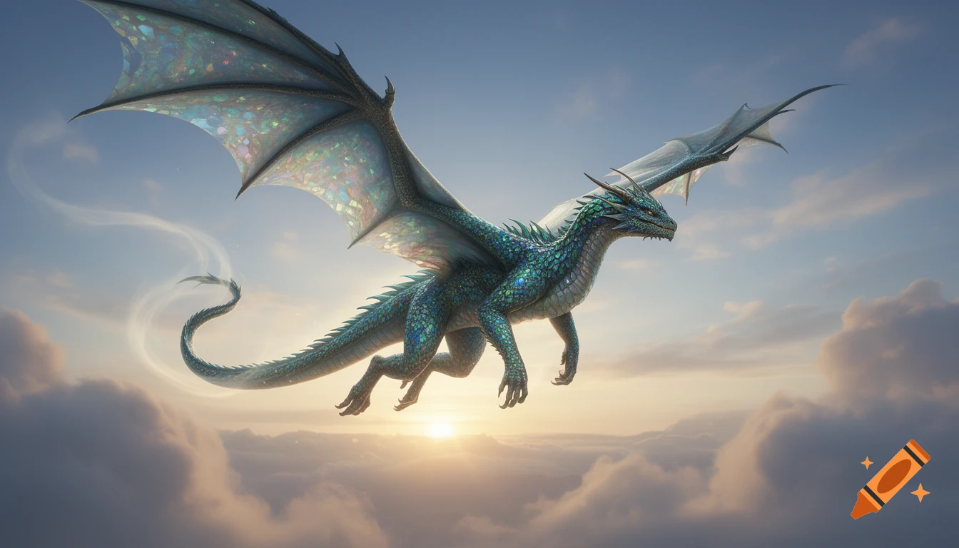 A vibrant blue-green dragon with large, iridescent wings soars gracefully through a cloudy sky, illuminated by a glowing sunset.