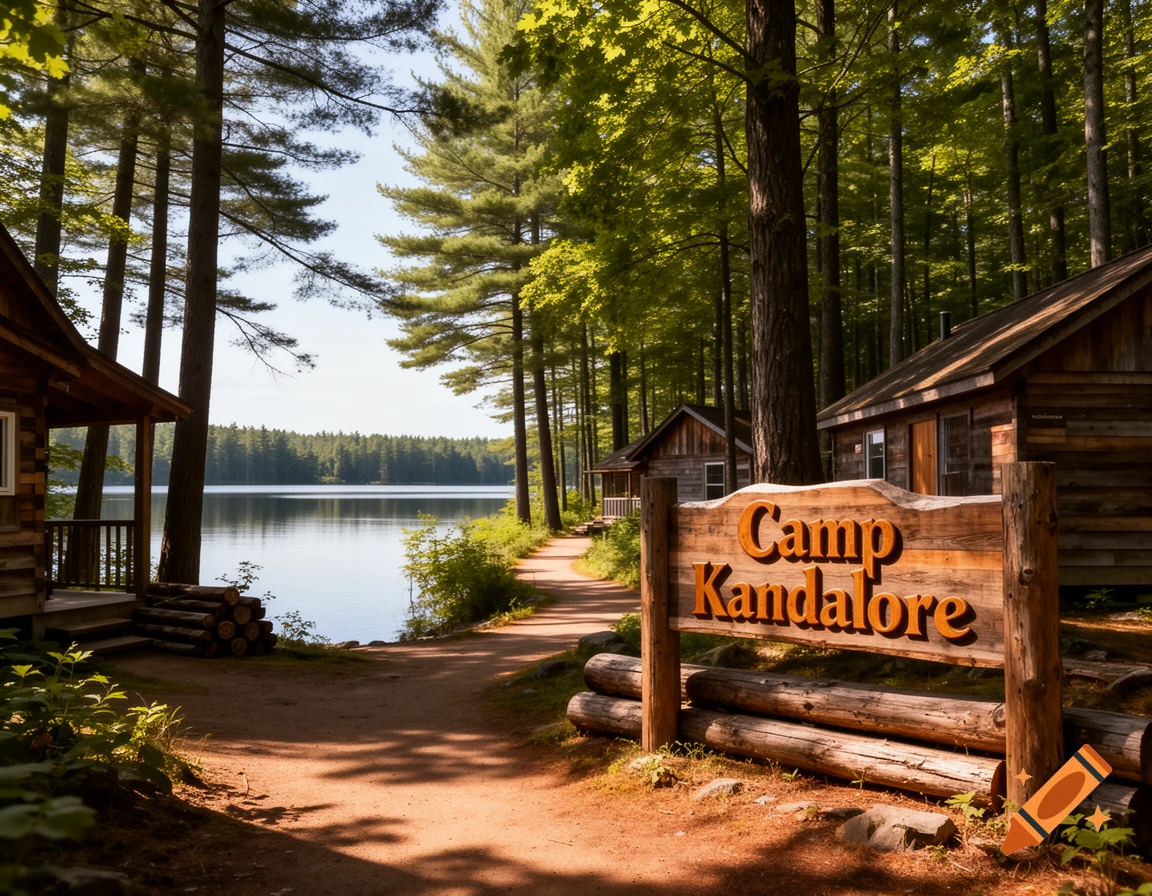 A serene view of Camp Kandalore sign, wooden cabins, and a calm lake surrounded by a dense forest under a clear sky.