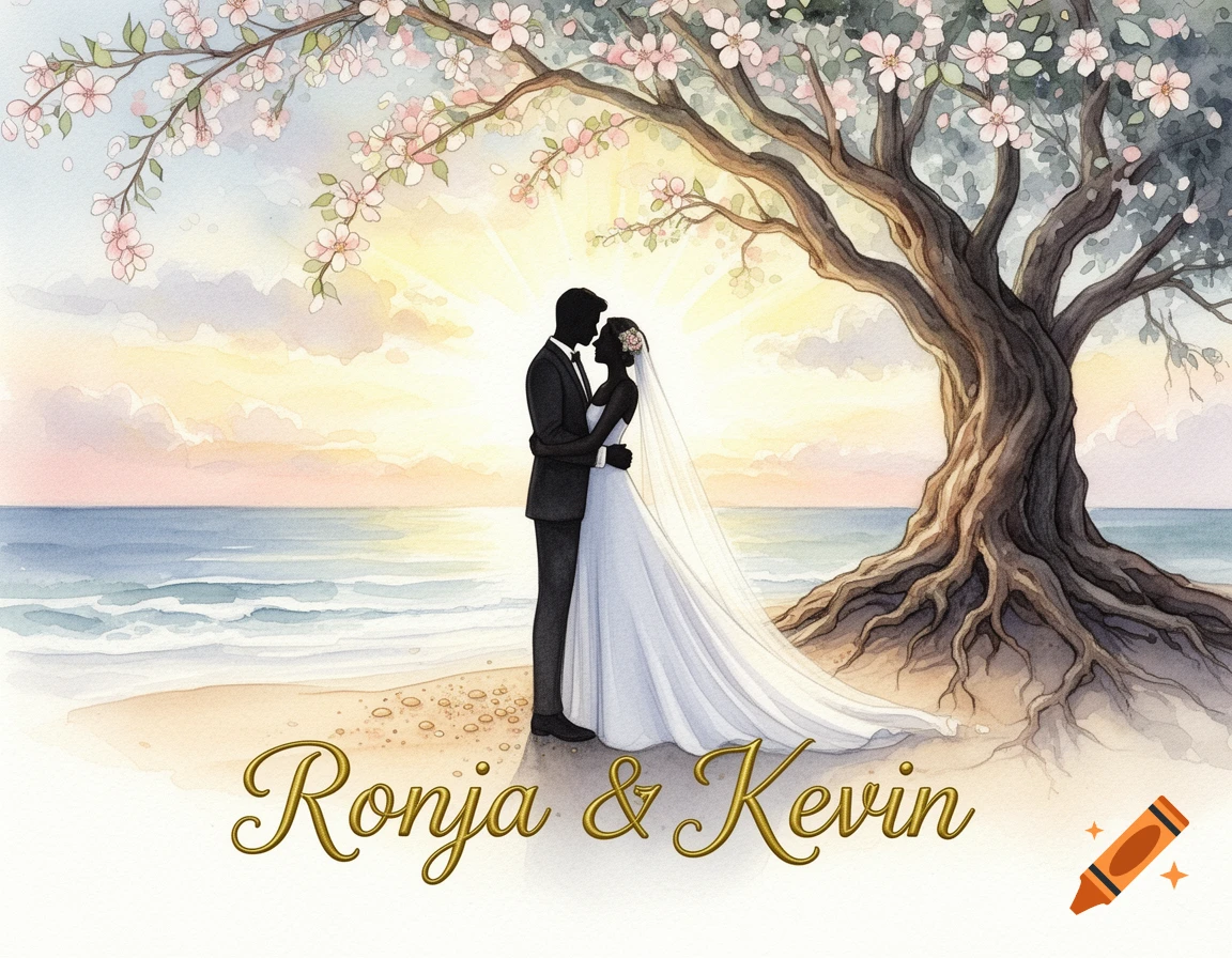 Watercolor illustration of a silhouetted wedding couple embracing on a beach under a flowering tree at sunset, with 'Ronja & Kevin' in gold text.