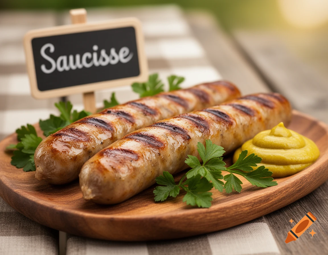 Two grilled sausages on a wooden plate with a dollop of mustard and parsley, a small chalkboard sign reads "Saucisse".