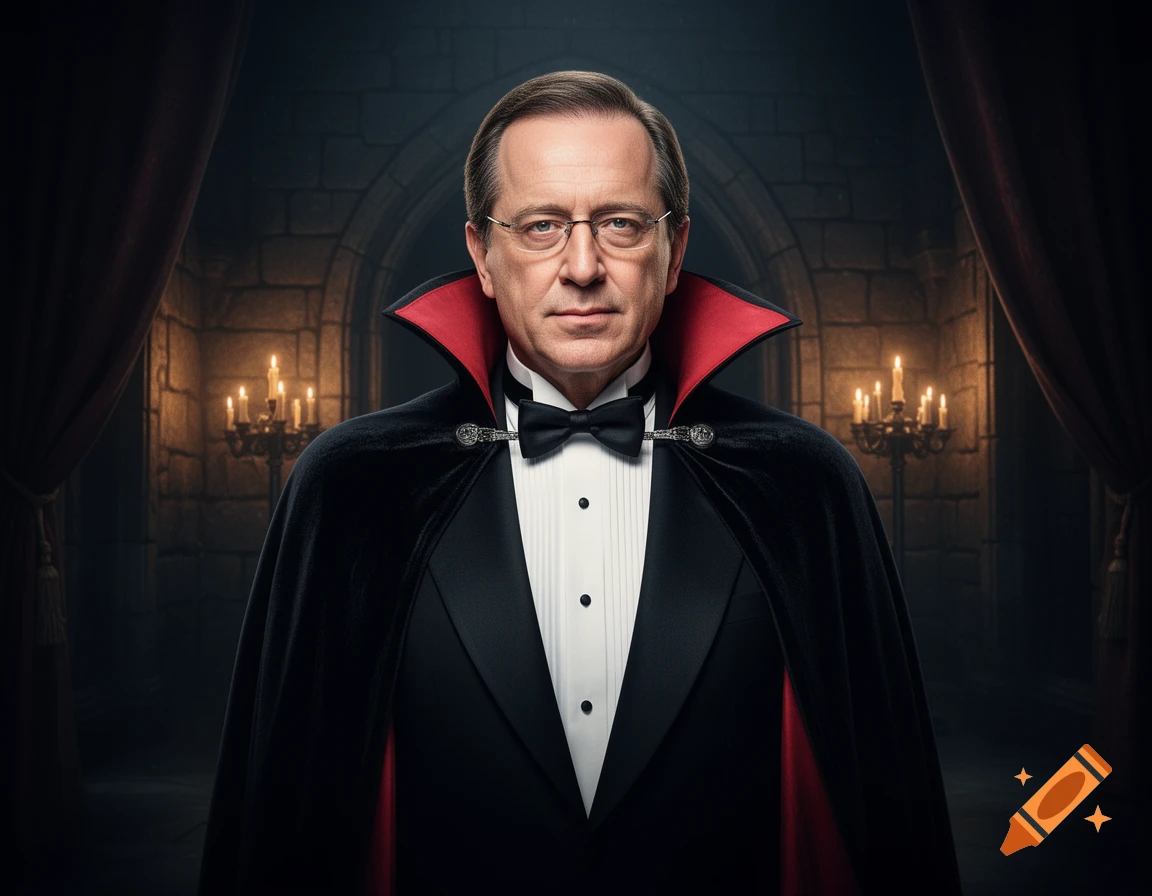 A serious man with glasses, wearing a black tuxedo and a red-lined black cape, stands in a gothic castle room with candelabras.