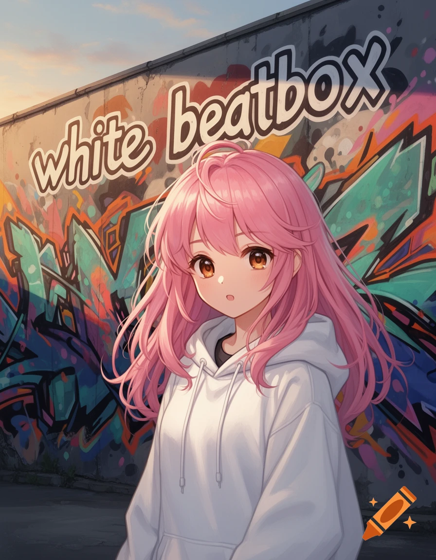 An anime girl with pink hair and a white hoodie stands in front of a graffiti-covered wall that says "white beatbox".