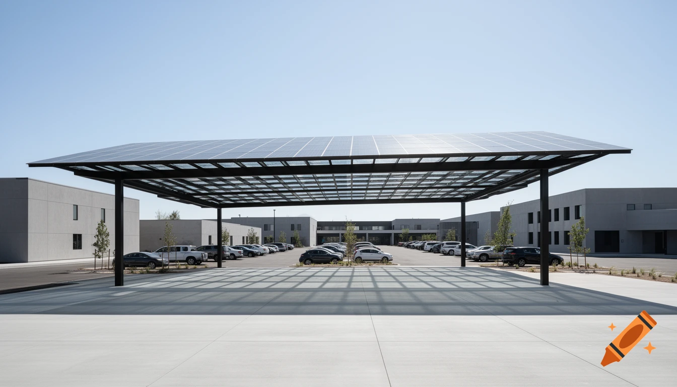 Wide-angle shot of a modern school campus with a large solar panel canopy over a parking lot, surrounded by minimalist concrete buildings under a clear sky.
