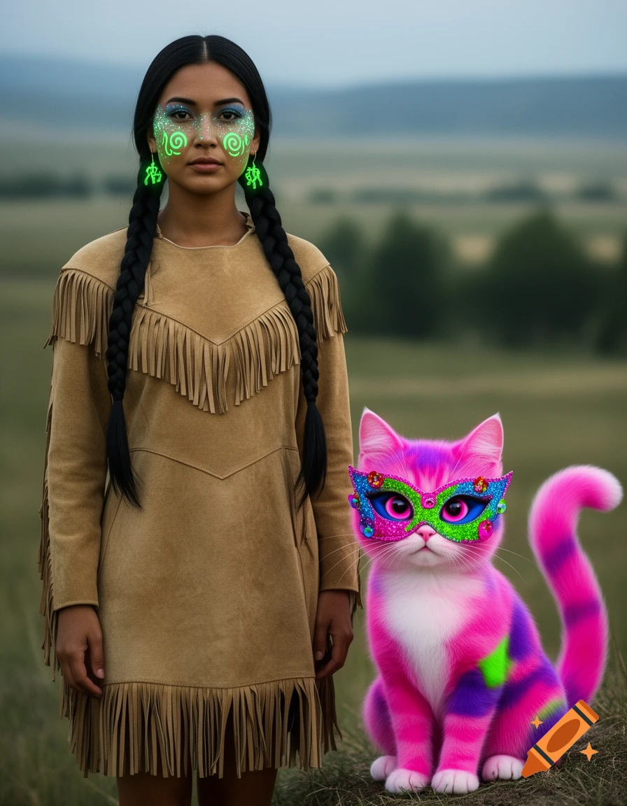 A Native American woman with braided hair and glowing green face paint stands beside a vibrantly colored pink, purple, and green cat wearing a glittery masquerade mask in a field.