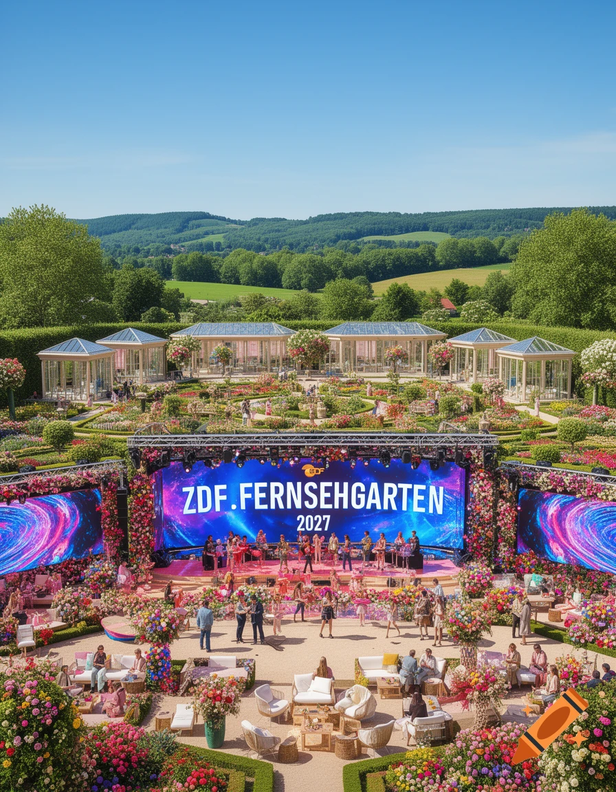 An outdoor event in a lush, colorful flower garden with a large stage displaying 'ZDF.FERNSEHGARTEN 2027' and many people mingling.