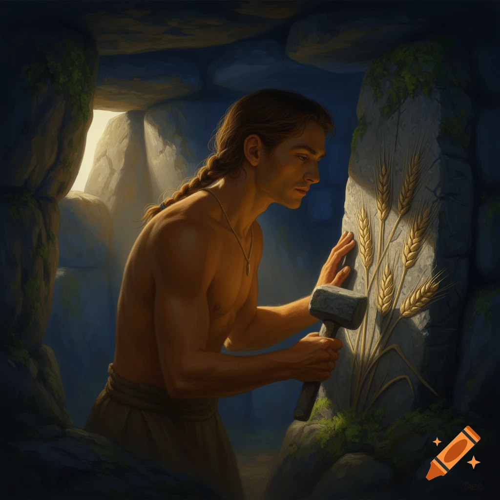 A shirtless man with braided hair carves wheat stalks into a stone slab, illuminated inside a dark cairn, in a painterly style.
