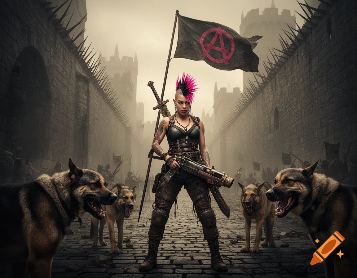 A punk woman with a pink mohawk holds a rifle, an anarchist flag behind her, flanked by two fierce dogs in a post-apocalyptic medieval city.