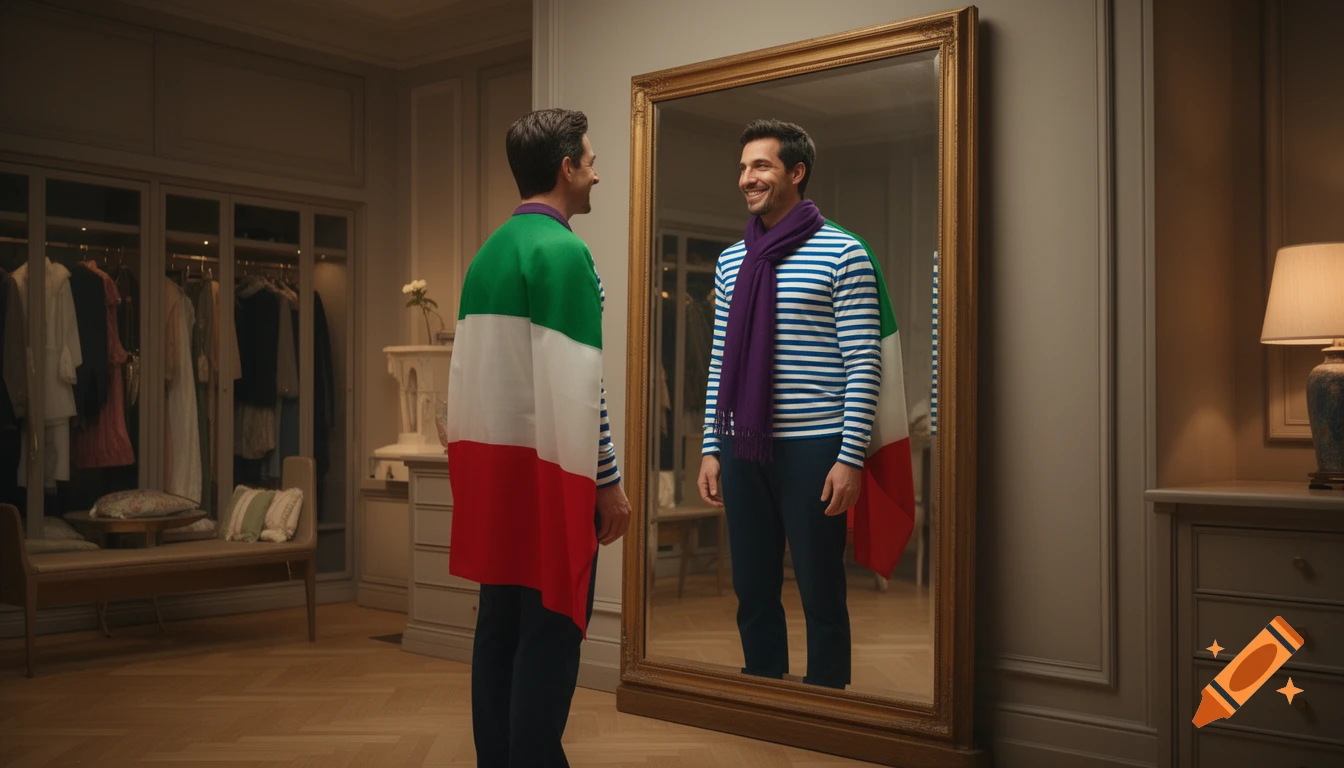 A man wearing an Italian flag as a cape stands in front of a mirror, his reflection shows him in a striped shirt and purple scarf with a French flag.