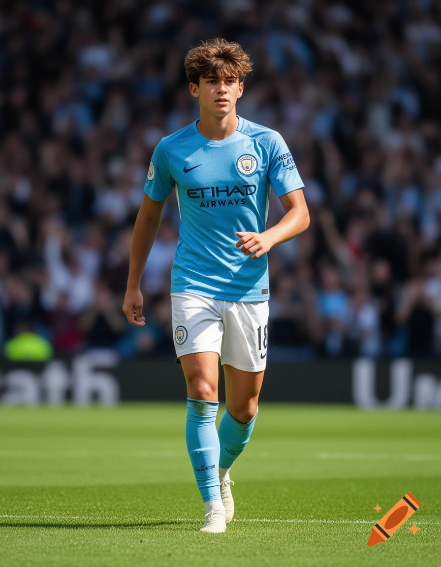 A young male Manchester City footballer in a light blue jersey and white shorts walks on a green pitch, photorealistic.