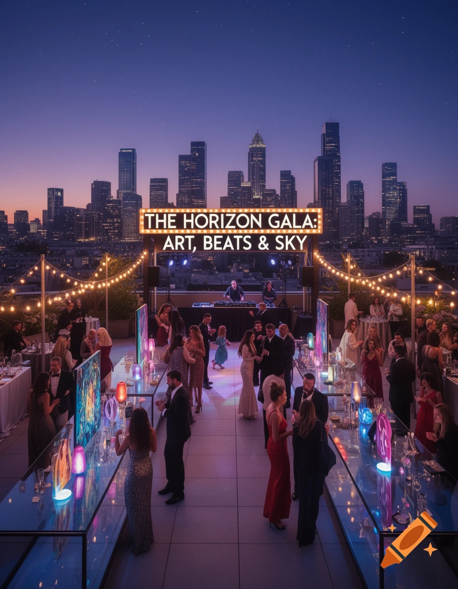 A vibrant rooftop gala with guests, a DJ, and a prominent 'THE HORIZON GALA' sign against a city skyline at dusk.